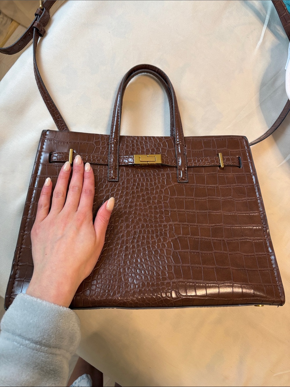 Mango Croc-Embossed Brown Satchel with Gold Hardware